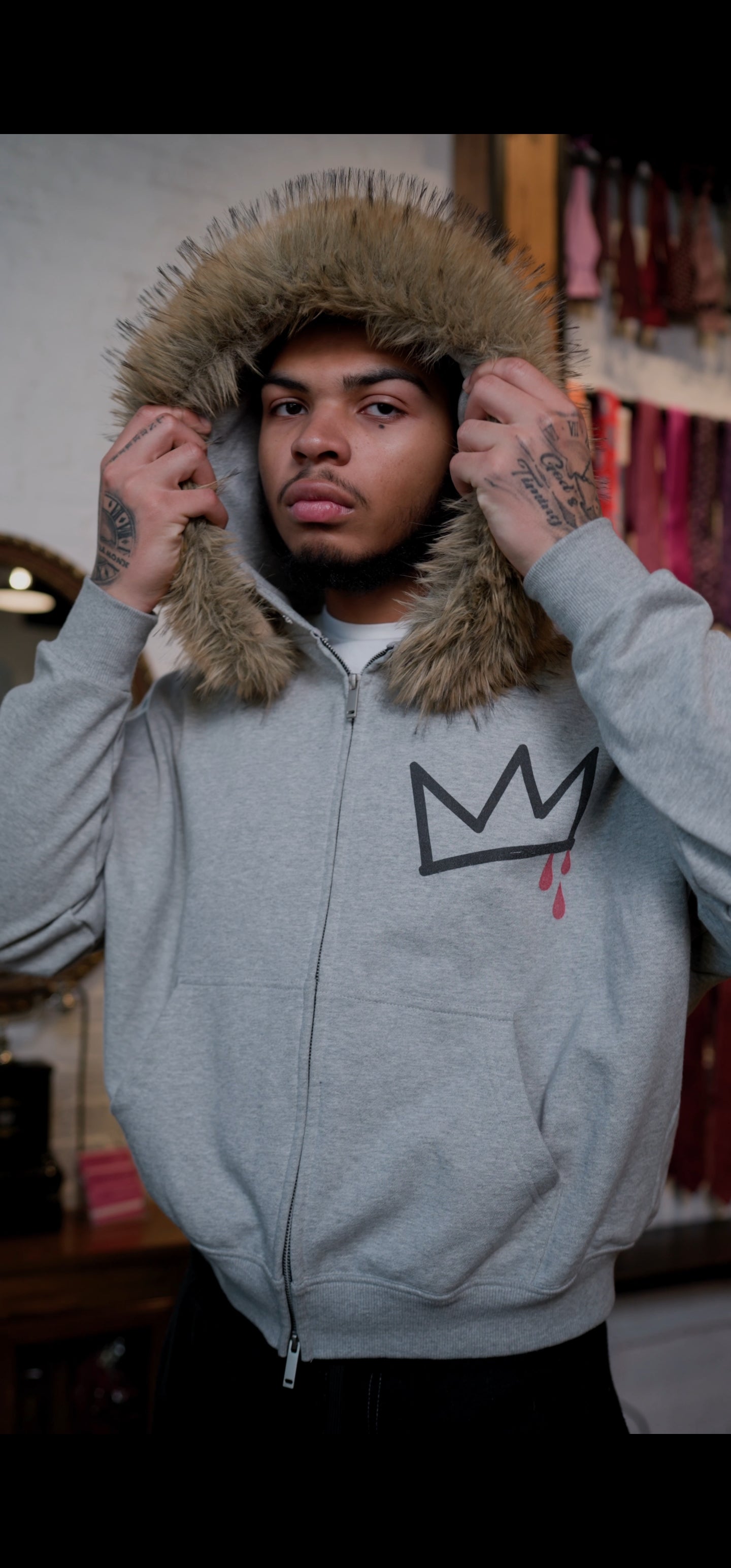 Matrix Skull Fur Trim Zip Up Hoodie